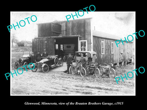 OLD LARGE HISTORIC PHOTO OF GLENWOOD MINNESOTA, BRAATEN BROS MOTOR GARAGE c1915