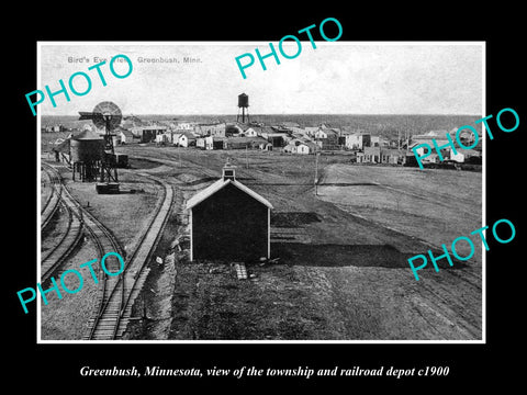 OLD LARGE HISTORIC PHOTO OF GREENBUSH MINNESOTA, THE TOWN & RAILROAD DEPOT c1900