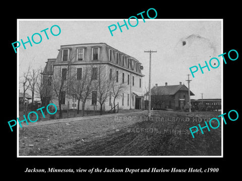 OLD LARGE HISTORIC PHOTO OF JACKSON MINNESOTA, THE RAILROAD DEPOT & HOTEL c1900