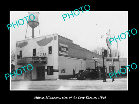 OLD LARGE HISTORIC PHOTO OF MILACA MINNESOTA, VIEW OF THE COZY THEATER c1940