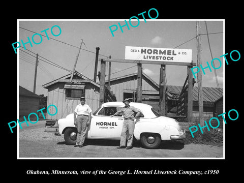 OLD LARGE HISTORIC PHOTO OF OKABENA MINNESOTA, THE HORMEL LIVESTOCK Co c1950