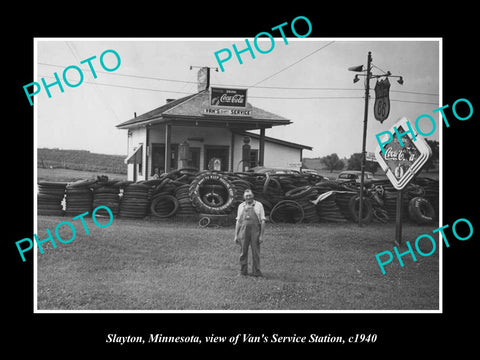 OLD LARGE HISTORIC PHOTO OF SLAYTON MINNESOTA, VIEW OF VANS SERVICE STATION 1940