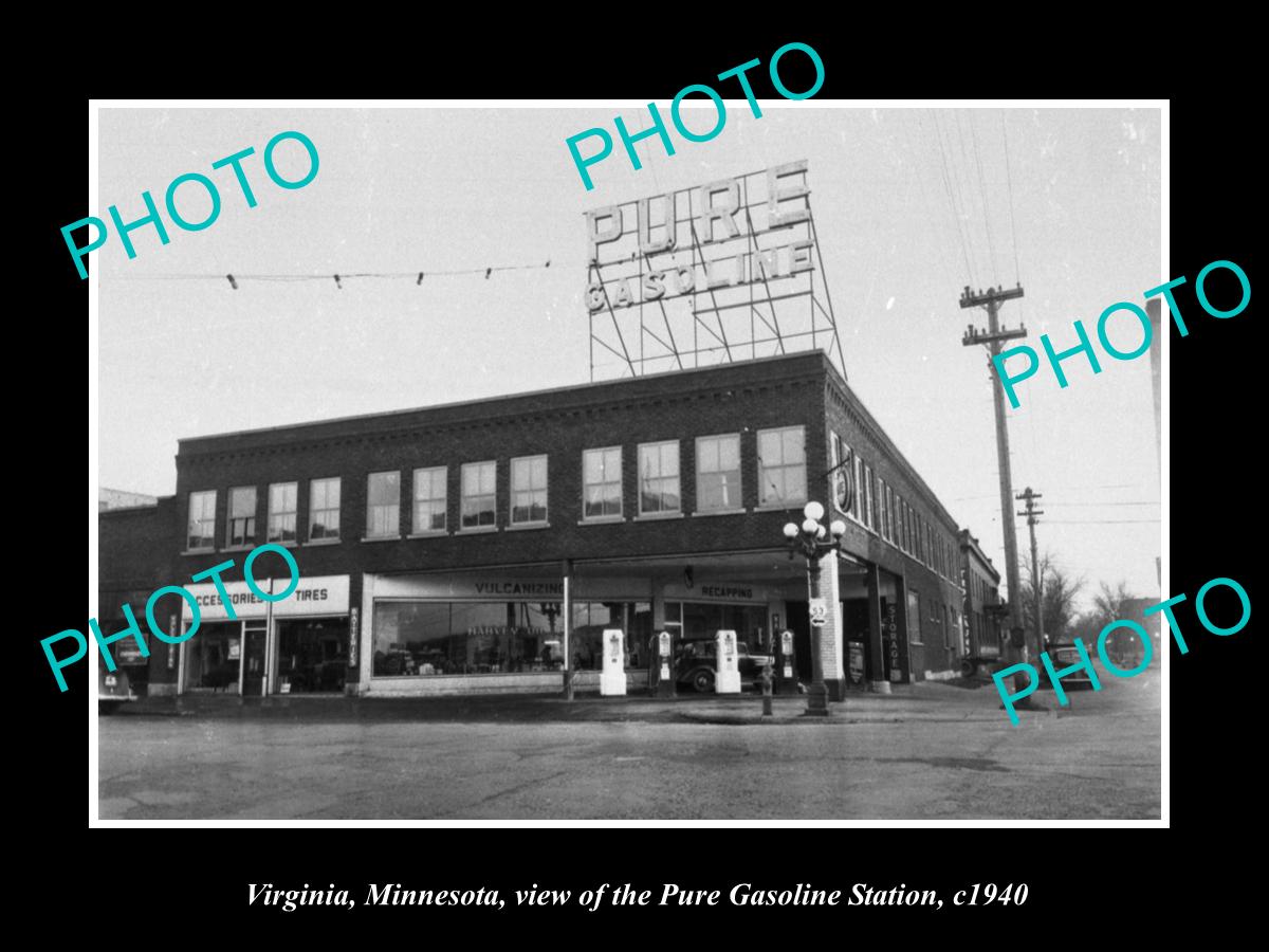 OLD LARGE HISTORIC PHOTO OF VIRGINIA MINNESOTA, THE PURE GASOLINE STATION c1940