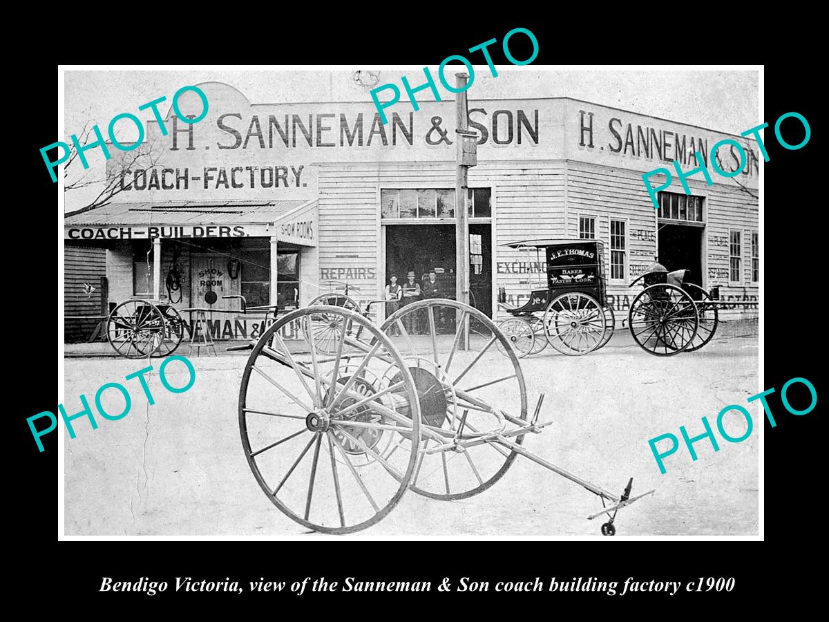 OLD LARGE HISTORIC PHOTO OF BENIDGO VICTORIA, THE SANNEMAN COACH BUILDERS c1900