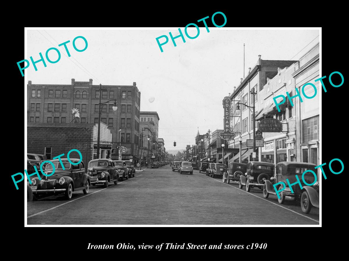 OLD LARGE HISTORIC PHOTO OF IRONTON OHIO, VIEW OF THIRD STREET & STORES c1940