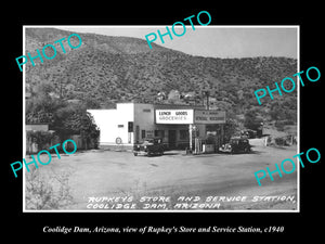 OLD LARGE HISTORIC PHOTO OF COOLIDGE DAM ARIZONA, STORE & SERVICE STATION c1940