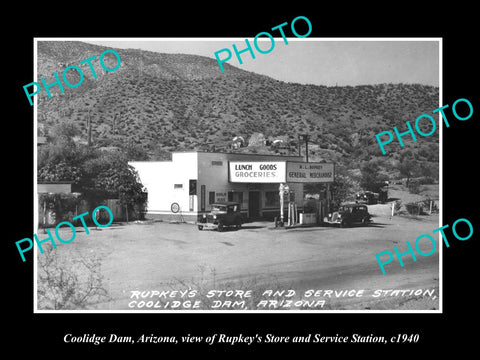 OLD LARGE HISTORIC PHOTO OF COOLIDGE DAM ARIZONA, STORE & SERVICE STATION c1940