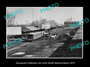 OLD LARGE HISTORIC PHOTO OF SACREMENTO CALIFORNIA, PACIFIC RAILROAD DEPOT c1870