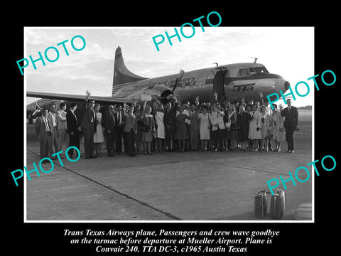 OLD LARGE HISTORIC PHOTO OF TRANS TEXAS AIRWAYS CORVAIR 240 AEROPLANE, c1965