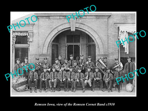 OLD LARGE HISTORIC PHOTO OF REMSEN IOWA, THE REMSEM CORONET BAND c1910