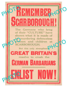 OLD HISTORIC PHOTO OF WWI ALLIES MILITARY POSTER, REMEMBER SCARBOROUGH, ENLIST