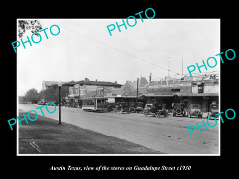 OLD LARGE HISTORIC PHOTO OF AUSTIN TEXAS, VIEW OF GUADALUPE St AND STORES c1930