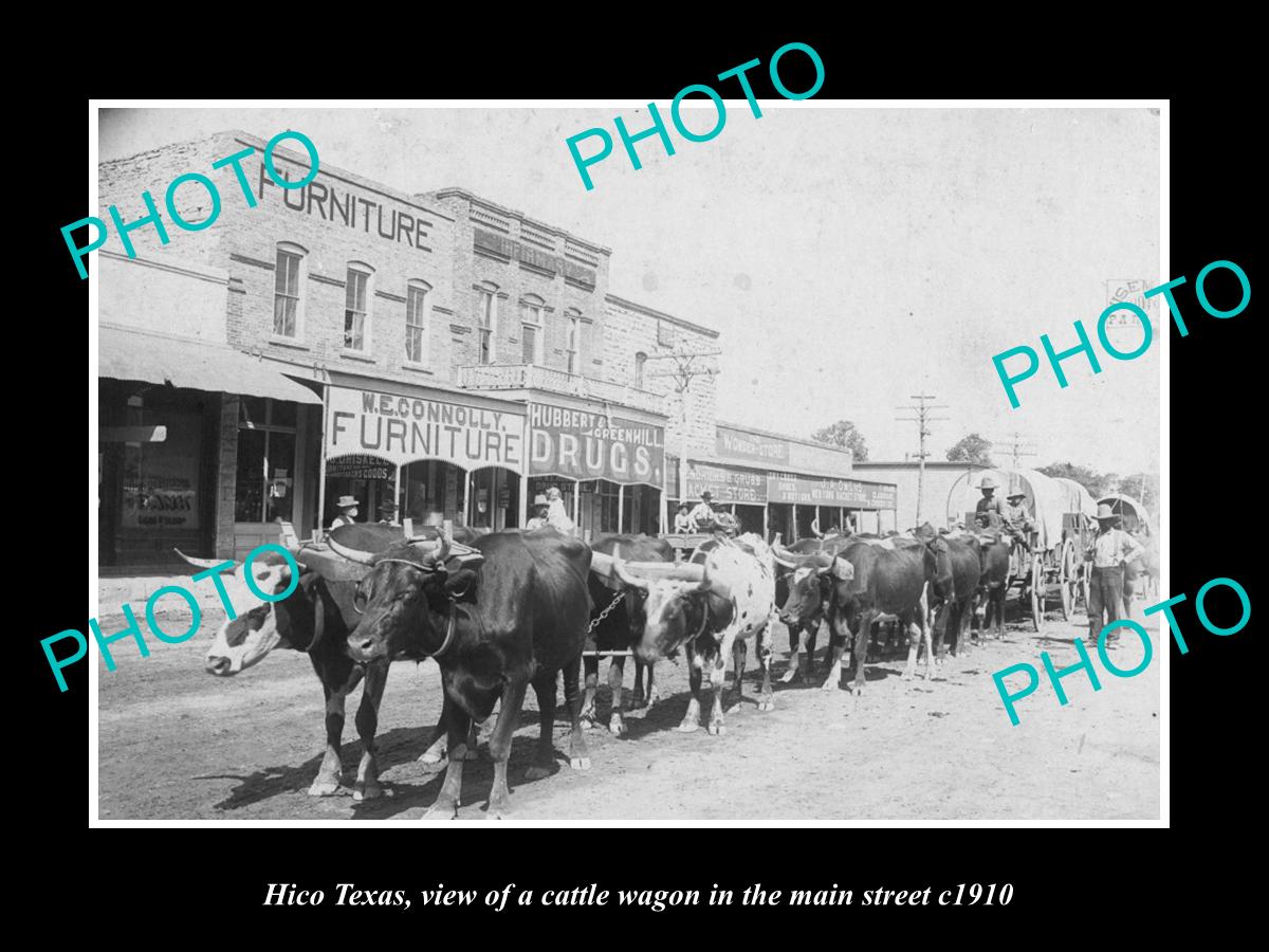 OLD LARGE HISTORIC PHOTO OF HICO TEXAS, CATTLE WAGON IN THE MAIN STRET c1910