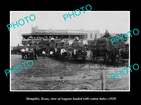 OLD LARGE HISTORIC PHOTO OF MEMPHIS TEXAS, WAGONS LOADED WITH COTTON BALES c1920