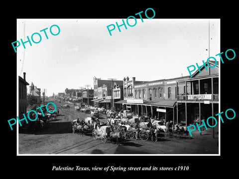 OLD LARGE HISTORIC PHOTO OF PALESTINE TEXAS, VIEW OF SPRING STREET & STORES 1910