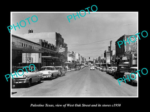 OLD LARGE HISTORIC PHOTO OF PALESTINE TEXAS, VIEW OF WEST OAK St & STORES c1950