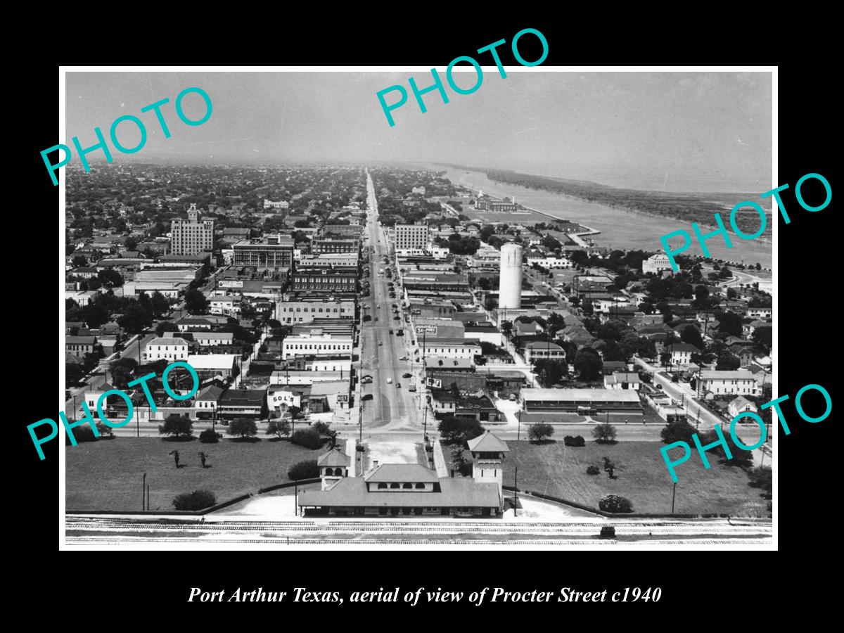 OLD LARGE HISTORIC PHOTO OF PORT ARTHUR TEXAS, AERIAL VIEW OF PROCTOR St c1940