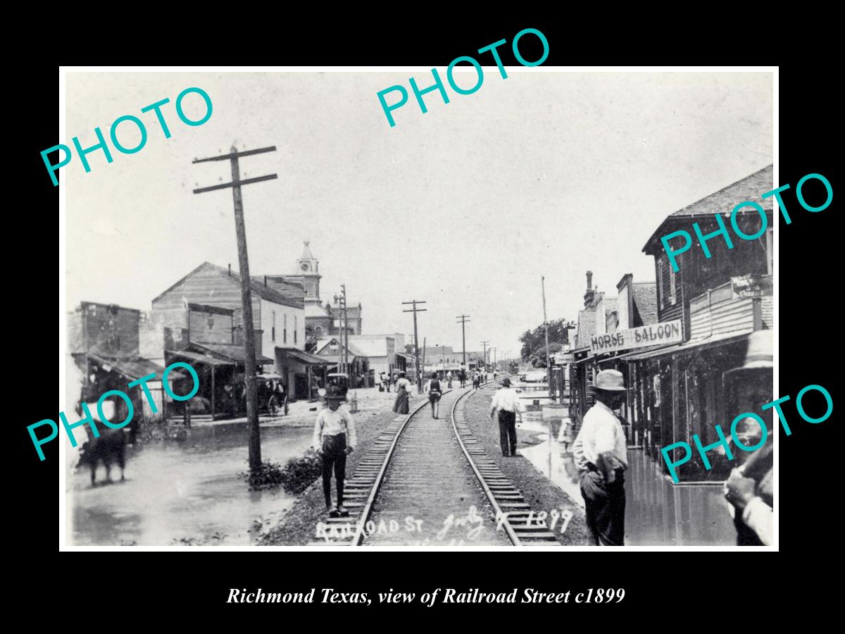 OLD LARGE HISTORIC PHOTO OF RICHMOND TEXAS, VIEW OF RAILROAD St & STORES c1899