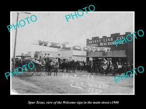 OLD LARGE HISTORIC PHOTO OF SPUR TEXAS, THE MAIN STREET WELCOME SIGN c1900