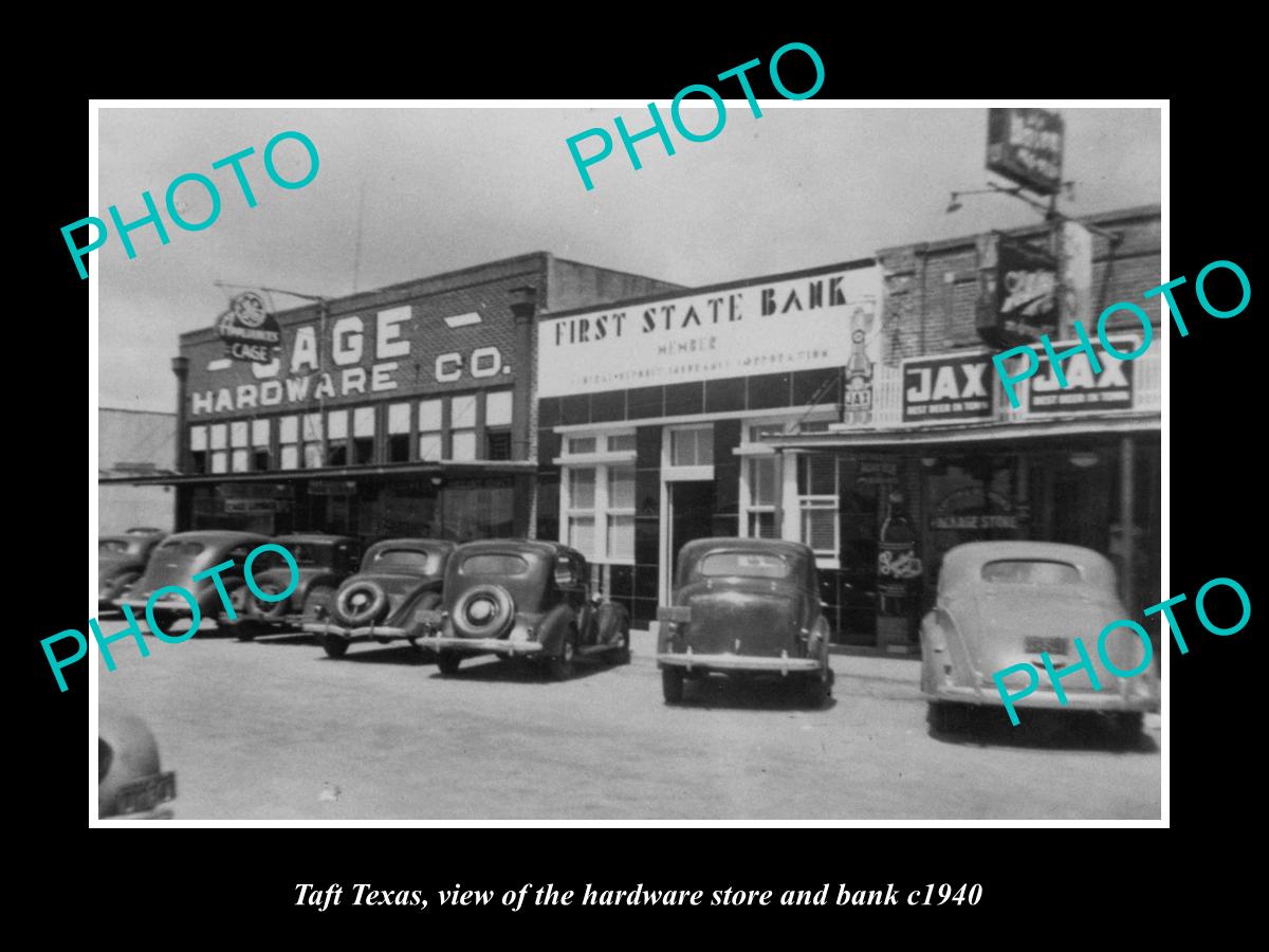 OLD LARGE HISTORIC PHOTO OF TAFT TEXAS, VIEW OF THE HARDWARE STORE & BANK c1940