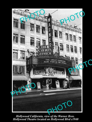 OLD LARGE HISTORIC PHOTO OF HOLLYWOOD CALIFORNIA, THE WARNER BROS THEATRE c1940