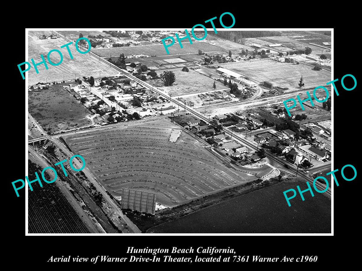 OLD LARGE HISTORIC PHOTO OF HUNTINGTON BEACH CALIFORNIA THE WARNER DRIVE IN 1960