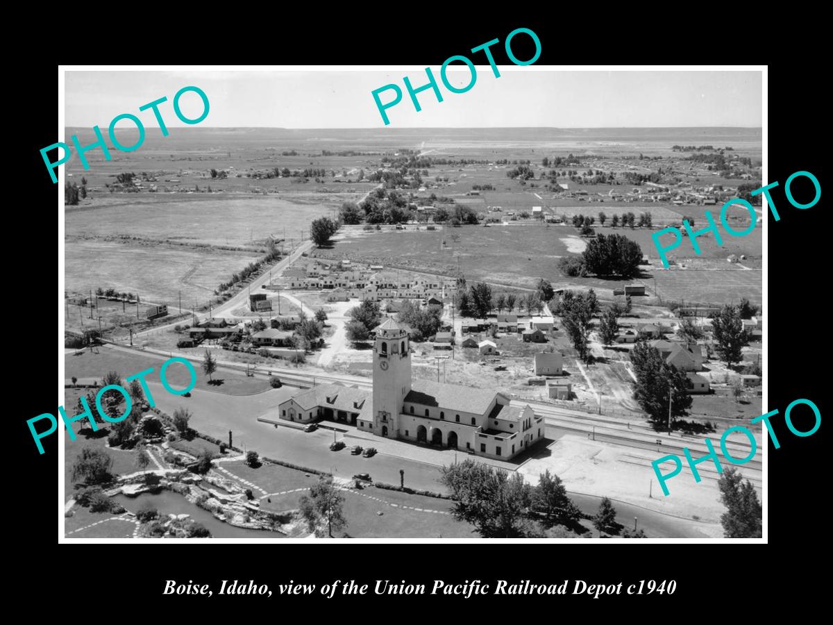 OLD LARGE HISTORIC PHOTO OF BOISE IDAHO, THE UNION RAILROAD DEPOT STATION c1940