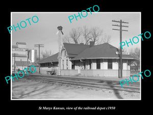 OLD LARGE HISTORIC PHOTO OF ST MARYS KANSAS, THE RAILROAD DEPOT STATION c1950