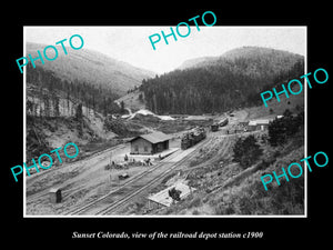 OLD LARGE HISTORIC PHOTO OF SUNSET COLORADO, RAILROAD DEPOT STATION c1900