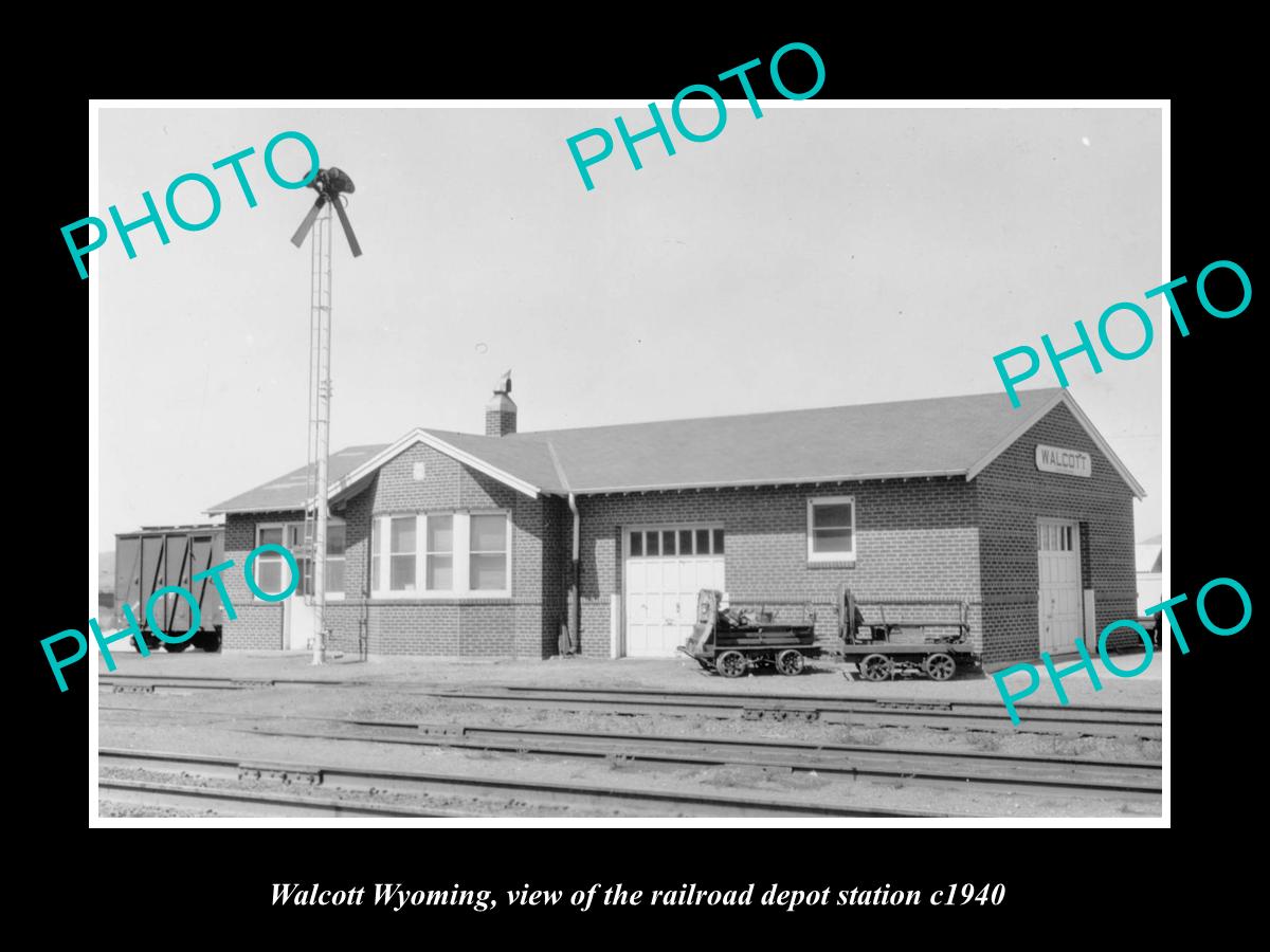 OLD LARGE HISTORIC PHOTO OF WALCOTT WYOMING, RAILROAD DEPOT STATION c1940