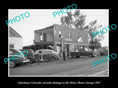 OLD LARGE HISTORIC PHOTO OF JULESBURG COLORADO, TORNADO DAMAGE ON GARAGE c1947