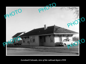 OLD LARGE HISTORIC PHOTO OF LOVELAND COLORADO, THE RAILROAD DEPOT STATION c1950