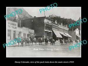 OLD LARGE HISTORIC PHOTO OF OURAY COLORADO, PACK TRAIN ON MAIN STREET c1910