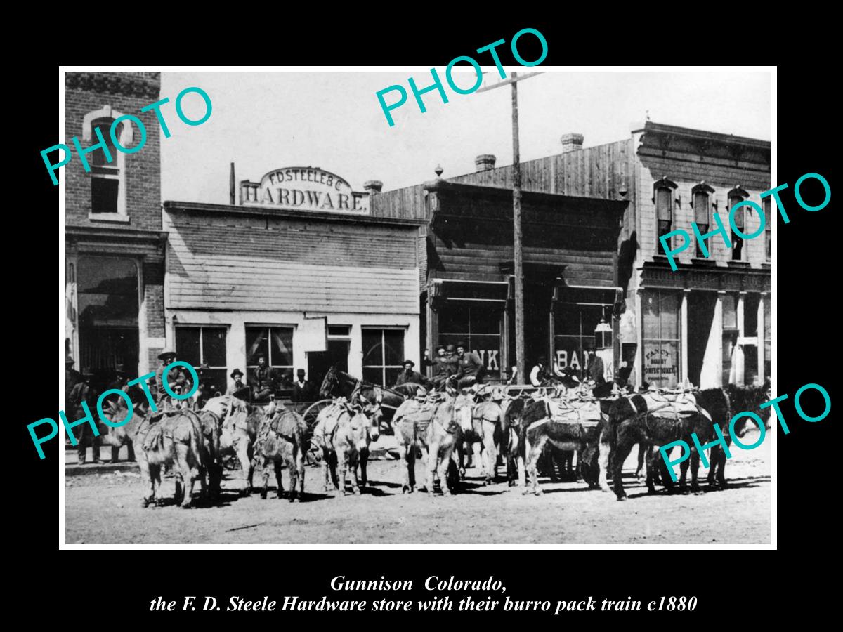 OLD LARGE HISTORIC PHOTO OF GUNNISON COLORADO, HARDWARE STORE & PACK TRAIN c1880