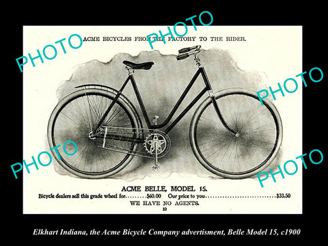 OLD HISTORIC PHOTO OF ELKHART INDIANA, ACME BICYCLE Co AD, BELLE MODEL 15 c1900