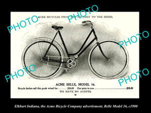 OLD HISTORIC PHOTO OF ELKHART INDIANA, ACME BICYCLE Co AD, BELLE MODEL 16 c1900