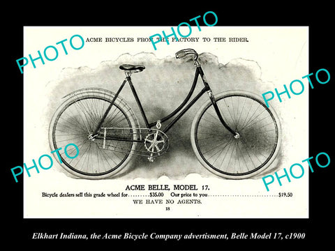 OLD HISTORIC PHOTO OF ELKHART INDIANA, ACME BICYCLE Co AD, BELLE MODEL 17 c1900