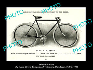 OLD HISTORIC PHOTO OF ELKHART INDIANA, ACME BICYCLE Co AD, BLUE RACER c1900