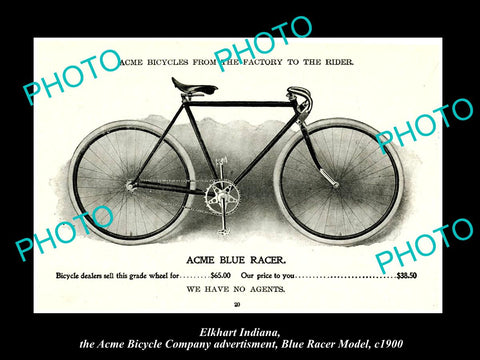 OLD HISTORIC PHOTO OF ELKHART INDIANA, ACME BICYCLE Co AD, BLUE RACER c1900