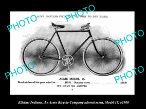 OLD HISTORIC PHOTO OF ELKHART INDIANA, ACME BICYCLE Co AD, MODEL 15 c1900