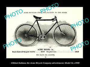 OLD HISTORIC PHOTO OF ELKHART INDIANA, ACME BICYCLE Co AD, MODEL 16 c1900