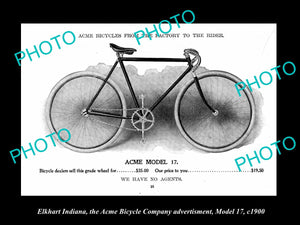 OLD HISTORIC PHOTO OF ELKHART INDIANA, ACME BICYCLE Co AD, MODEL 17 c1900