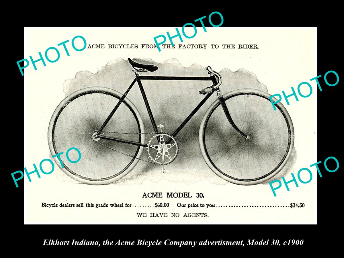 OLD HISTORIC PHOTO OF ELKHART INDIANA, ACME BICYCLE Co AD, MODEL 30 c1900