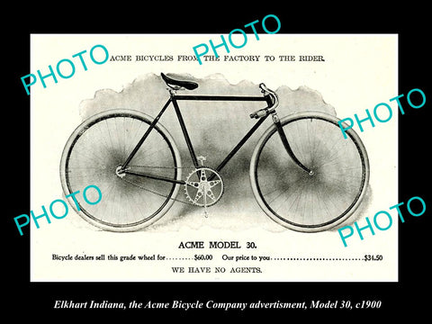 OLD HISTORIC PHOTO OF ELKHART INDIANA, ACME BICYCLE Co AD, MODEL 30 c1900