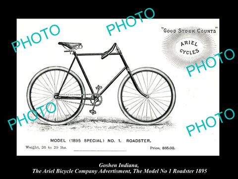 OLD HISTORIC PHOTO OF GOSHEN INDIANA, ARIEL BICYCLE Co AD MODEL 1 ROADSTER c1895