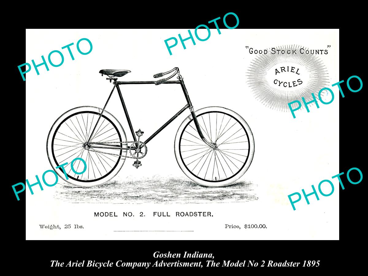 OLD HISTORIC PHOTO OF GOSHEN INDIANA, ARIEL BICYCLE Co AD MODEL 2 ROADSTER c1895