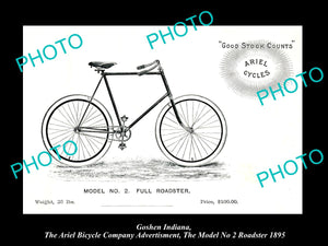 OLD HISTORIC PHOTO OF GOSHEN INDIANA, ARIEL BICYCLE Co AD MODEL 2 ROADSTER c1895