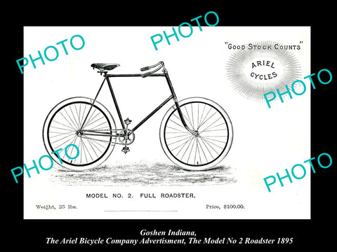 OLD HISTORIC PHOTO OF GOSHEN INDIANA, ARIEL BICYCLE Co AD MODEL 2 ROADSTER c1895