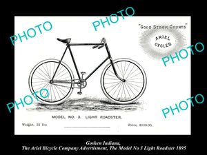 OLD HISTORIC PHOTO OF GOSHEN INDIANA, ARIEL BICYCLE Co AD MODEL 3 ROADSTER c1895