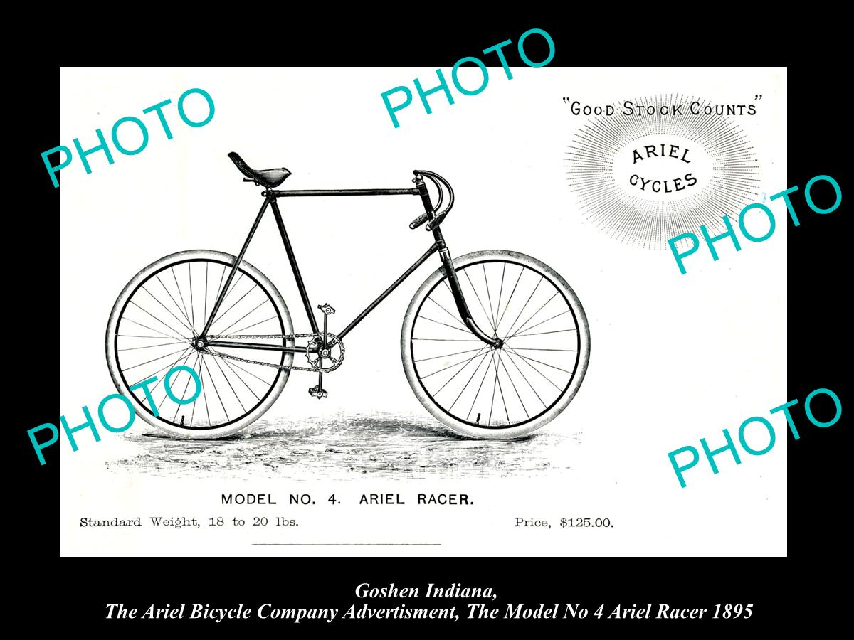 OLD HISTORIC PHOTO OF GOSHEN INDIANA, ARIEL BICYCLE Co AD MODEL 4 RACER c1895